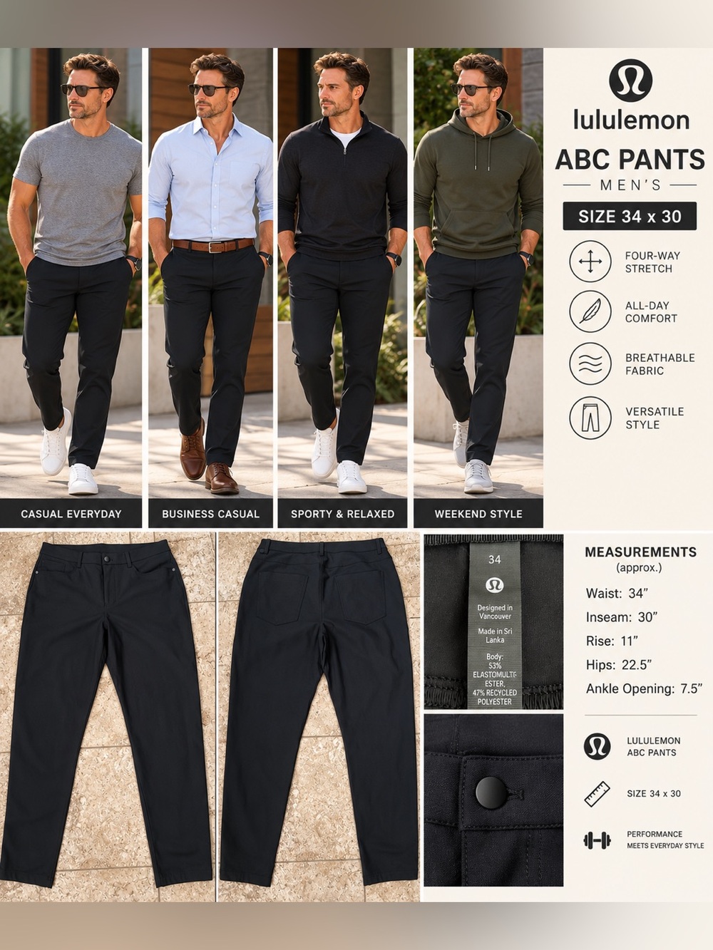 Lululemon Men’s ABC Pants Black Size 34 x 30 Stretch Performance Pants - Picture 3 of 6